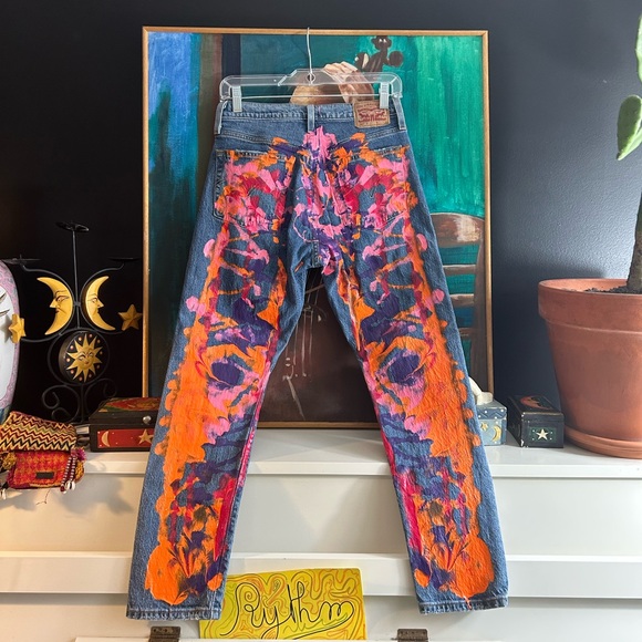Levi's 501’s Blue and Pink Painted Artistic Straight Leg Jeans W26" X L28" - Picture 14 of 16